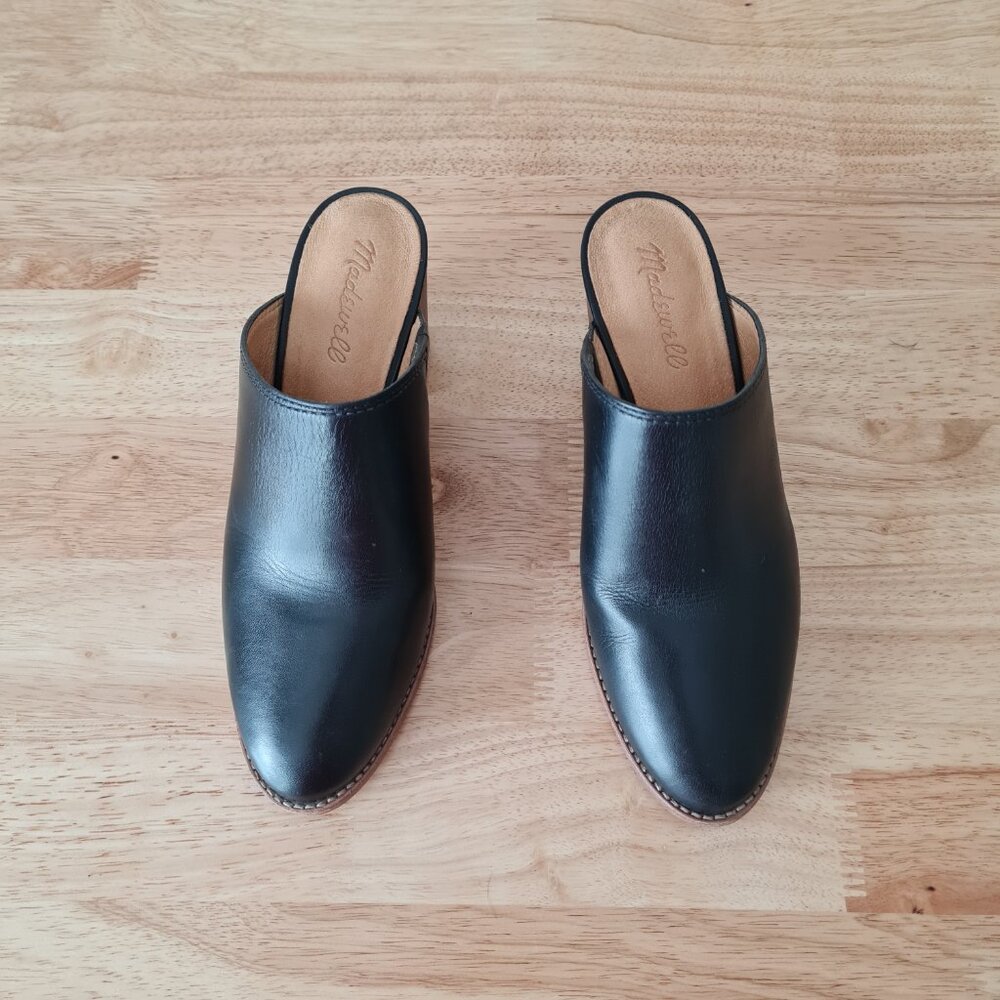 Madewell The Harper Mule Black Leather Almond Toe Block Heel Mules Sz 7 Slipon - Picture 2 of 9